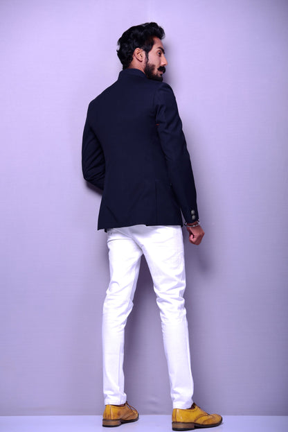 Bespoke Handmade Navy Blue Jodhpuri Bandgala Blazer with White Trouser