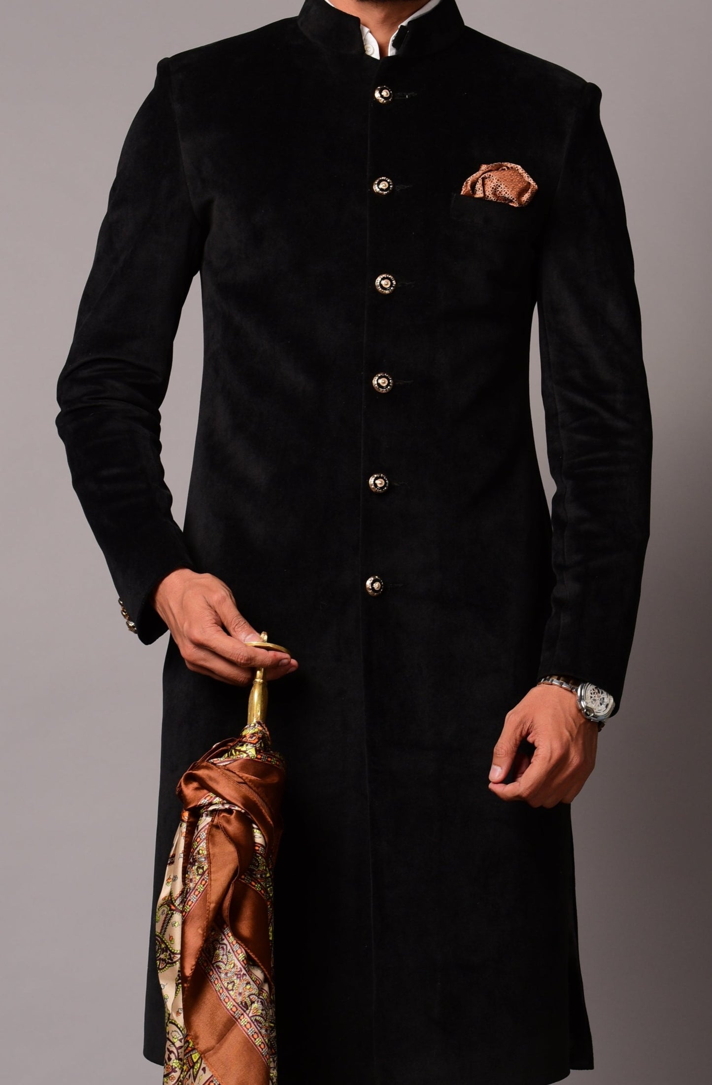 Luxury Velvet Royal Black Maharaja Style Achkan