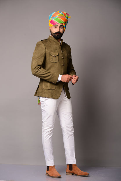 Four Pocket Olive Green Hunting Style Faux Suede Bandhgala Blazer only