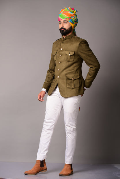 Four Pocket Olive Green Hunting Style Faux Suede Bandhgala Blazer only