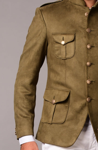 Four Pocket Olive Green Hunting Style Faux Suede Bandhgala Blazer only