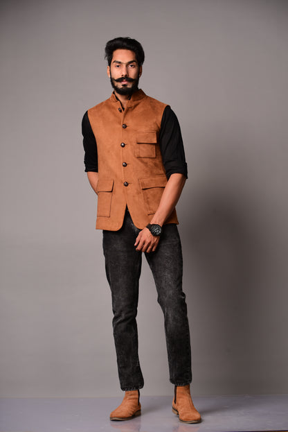 Three Pocket Faux Suede Leather Jacket| Camel Brown Color