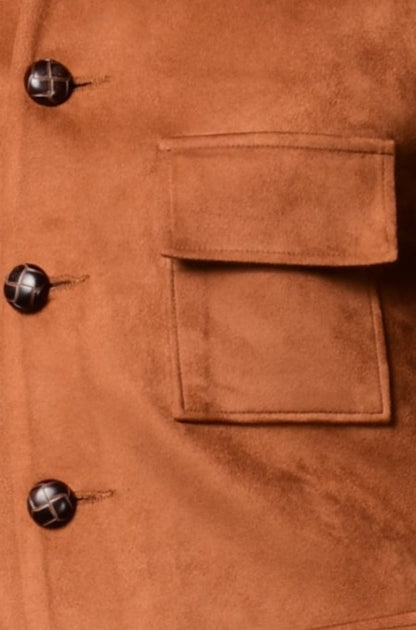 Three Pocket Faux Suede Leather Jacket| Camel Brown Color
