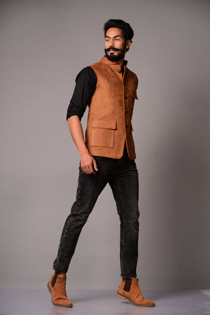 Three Pocket Faux Suede Leather Jacket| Camel Brown Color