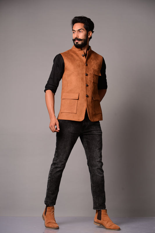 Three Pocket Faux Suede Leather Jacket| Camel Brown Color