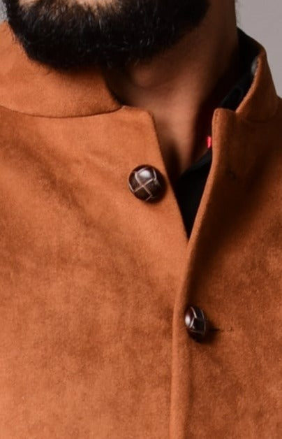 Three Pocket Faux Suede Leather Jacket| Camel Brown Color