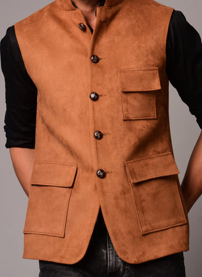 Three Pocket Faux Suede Leather Jacket| Camel Brown Color