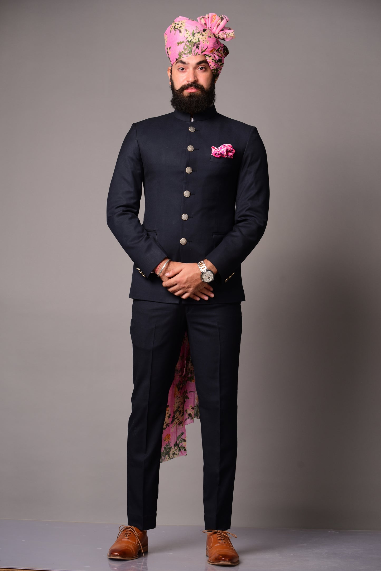 Bespoke Navy Blue Jodhpuri Bandgala Suit for Men