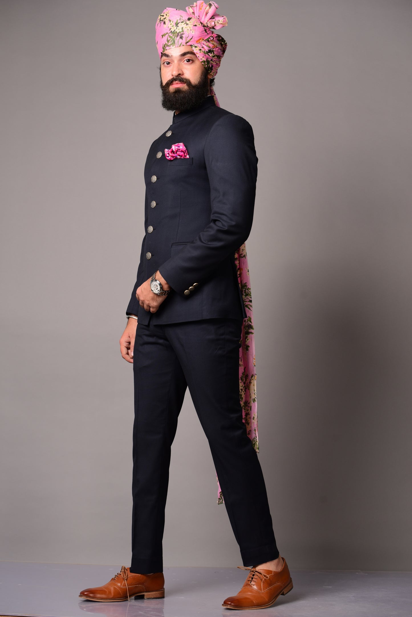 Bespoke Navy Blue Jodhpuri Bandgala Suit for Men