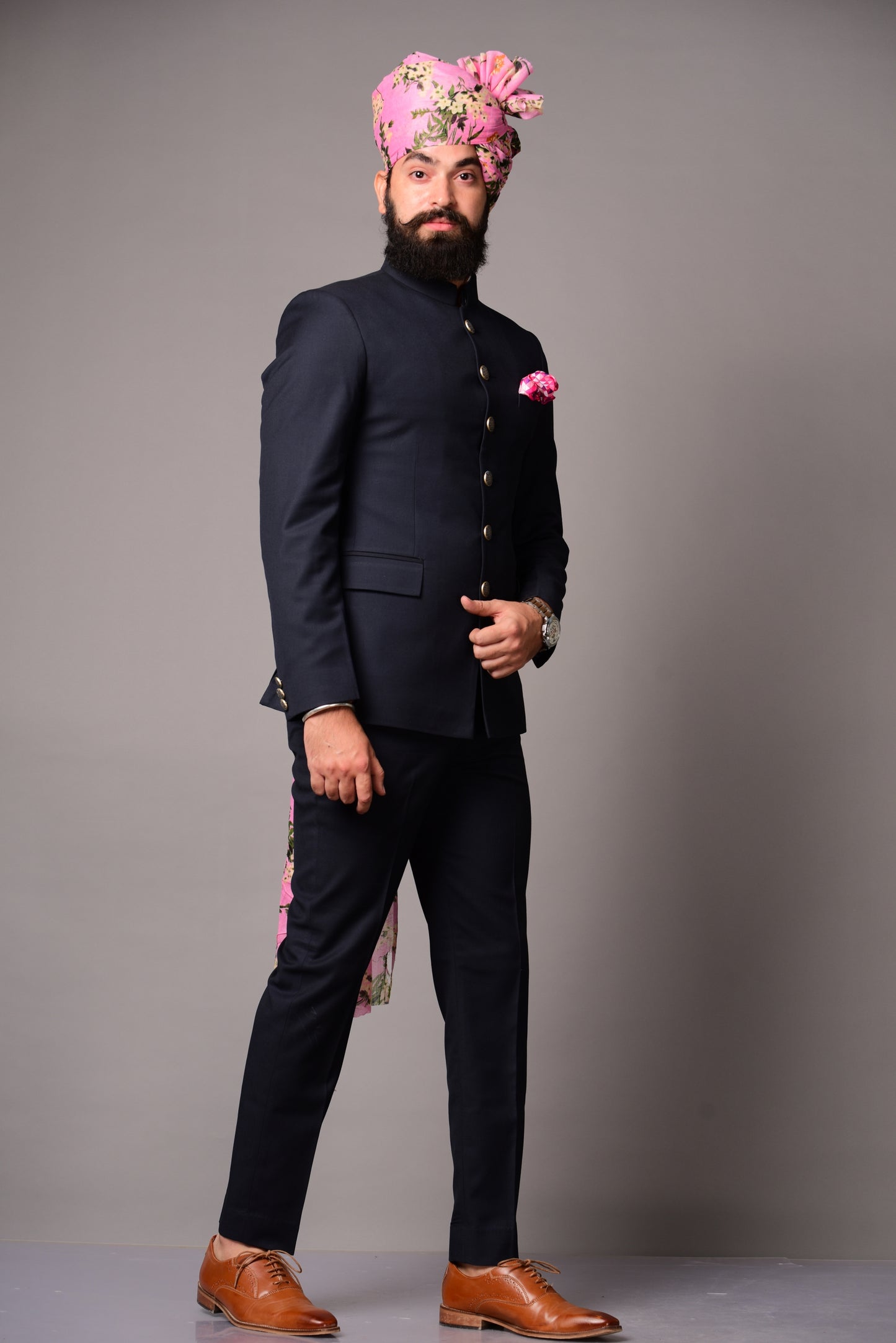 Bespoke Navy Blue Jodhpuri Bandgala Suit for Men