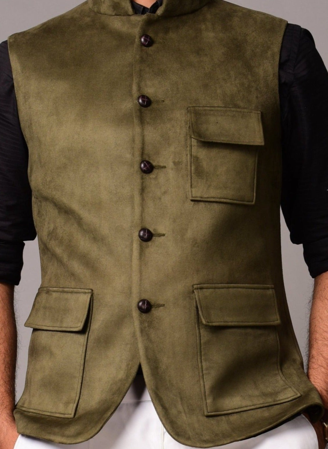 Olive Green Three-Pocket Faux Suede Leather Half Jodhpuri Jacket