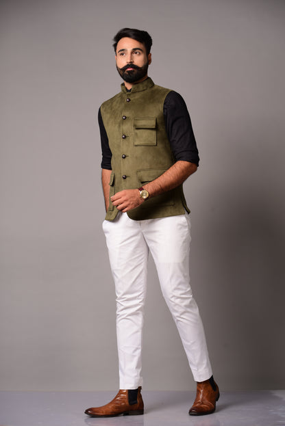 Olive Green Three-Pocket Faux Suede Leather Half Jodhpuri Jacket