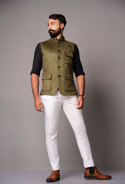 Olive Green Three-Pocket Faux Suede Leather Half Jodhpuri Jacket