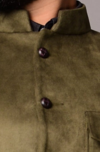 Olive Green Three-Pocket Faux Suede Leather Half Jodhpuri Jacket