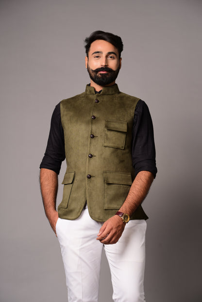 Olive Green Three-Pocket Faux Suede Leather Half Jodhpuri Jacket