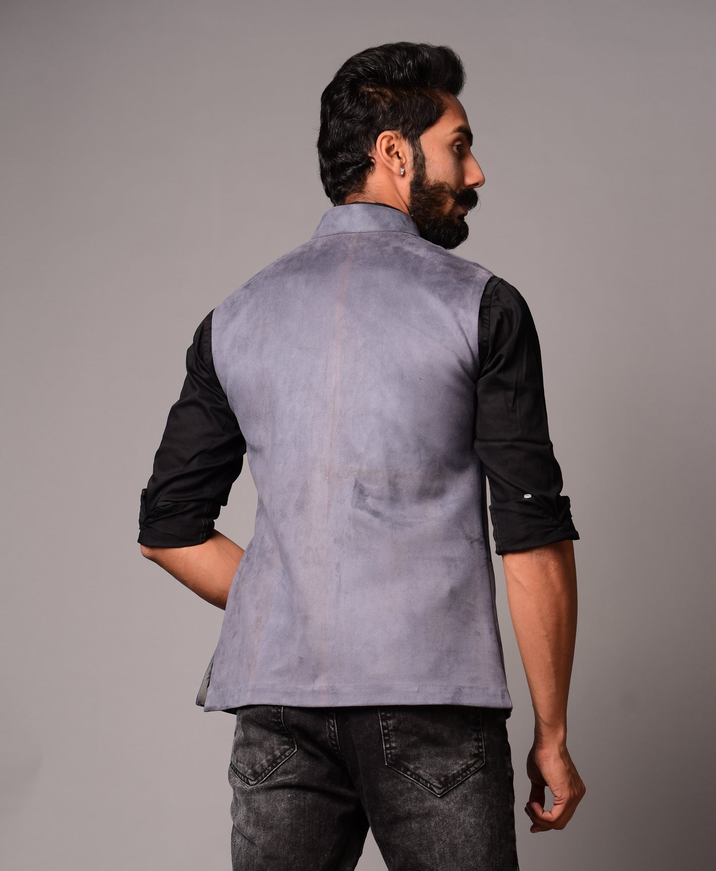 Grey Suede Leather Cross Breasted Half Jacket