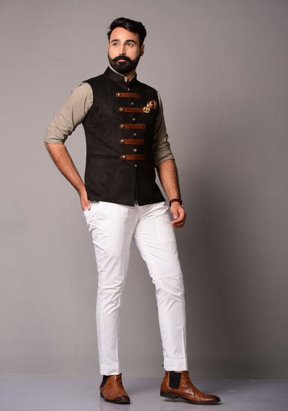 Black Suede Leather Cross Breasted Half Jacket