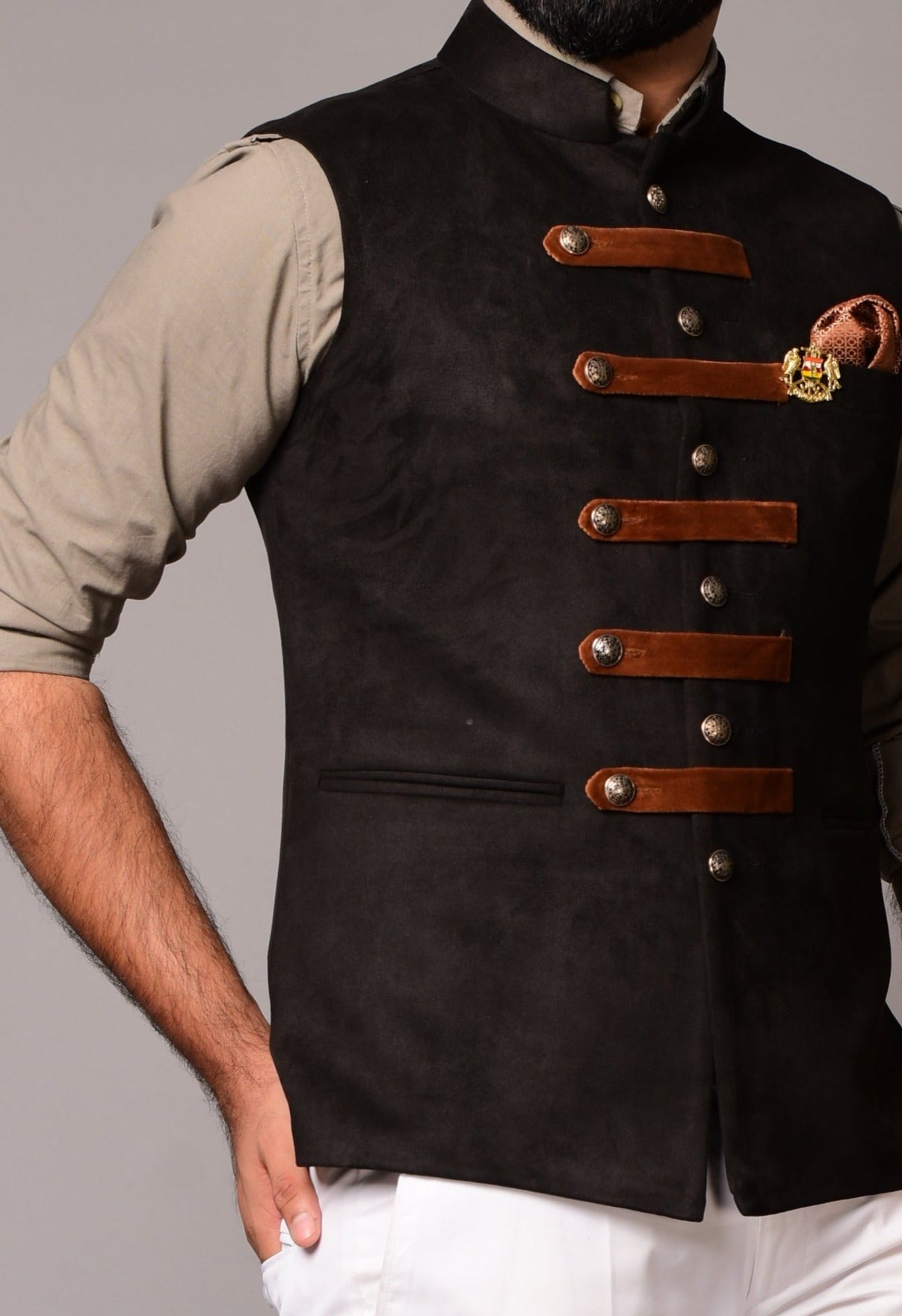 Black Suede Leather Cross Breasted Half Jacket