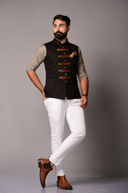 Black Suede Leather Cross Breasted Half Jacket