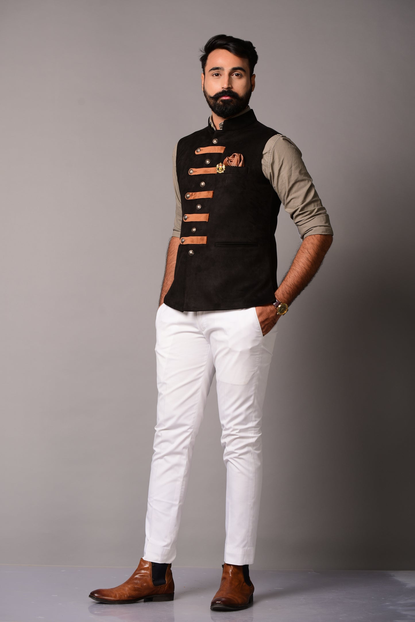 Black Suede Leather Cross Breasted Half Jacket