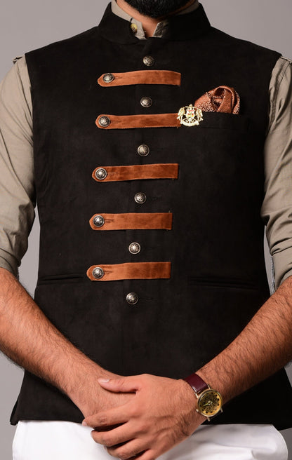 Black Suede Leather Cross Breasted Half Jacket