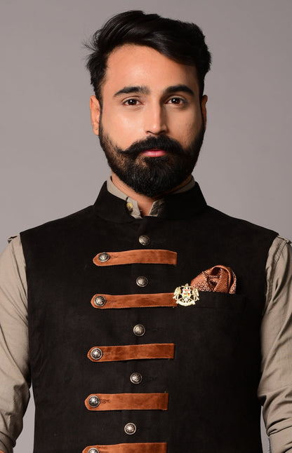 Black Suede Leather Cross Breasted Half Jacket