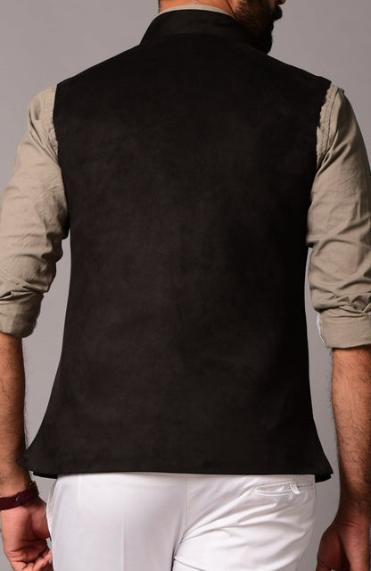 Black Suede Leather Cross Breasted Half Jacket