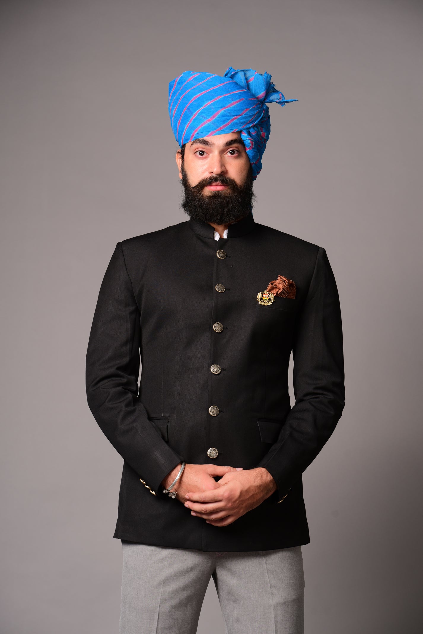 Maharaja Style Black Jodhpuri Bandhgala Blazer With Grey Trouser – Rajanyas