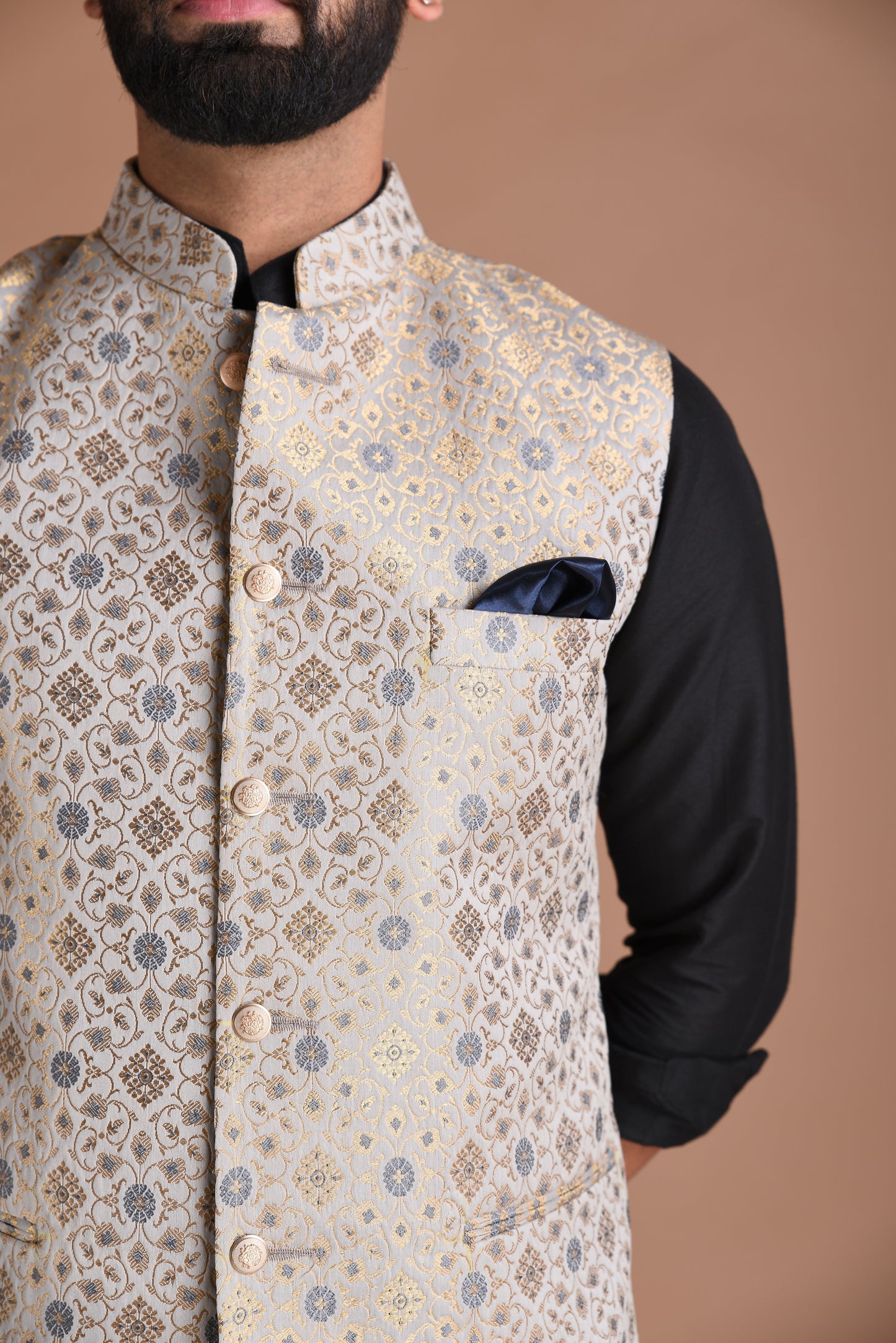Greyish Blue Half Jodhpuri Designer Jacket With Silk Kurta Pajama Set