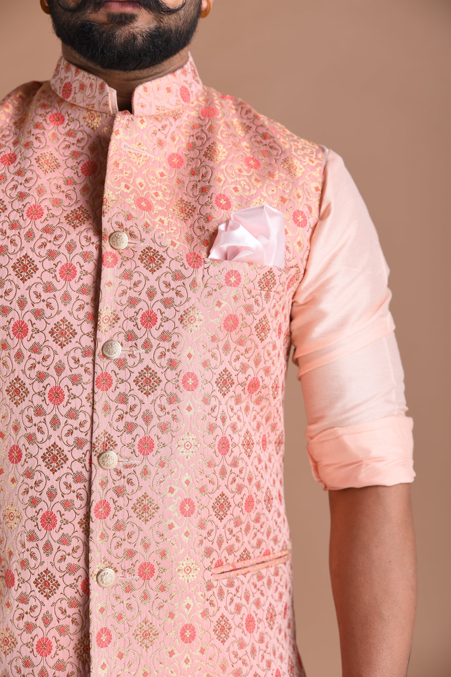 Jaipuri Floral Pattern Brocade Silk Pink Nehru Jacket With Kurta Pajama