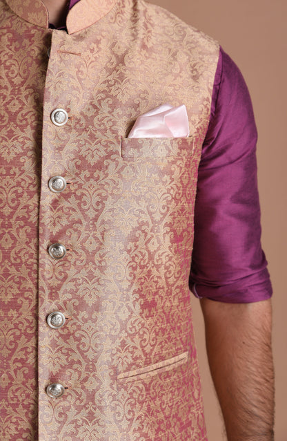 Floral Pattern Purple Half Jodhpuri Jacket With Kurta Pajama Set