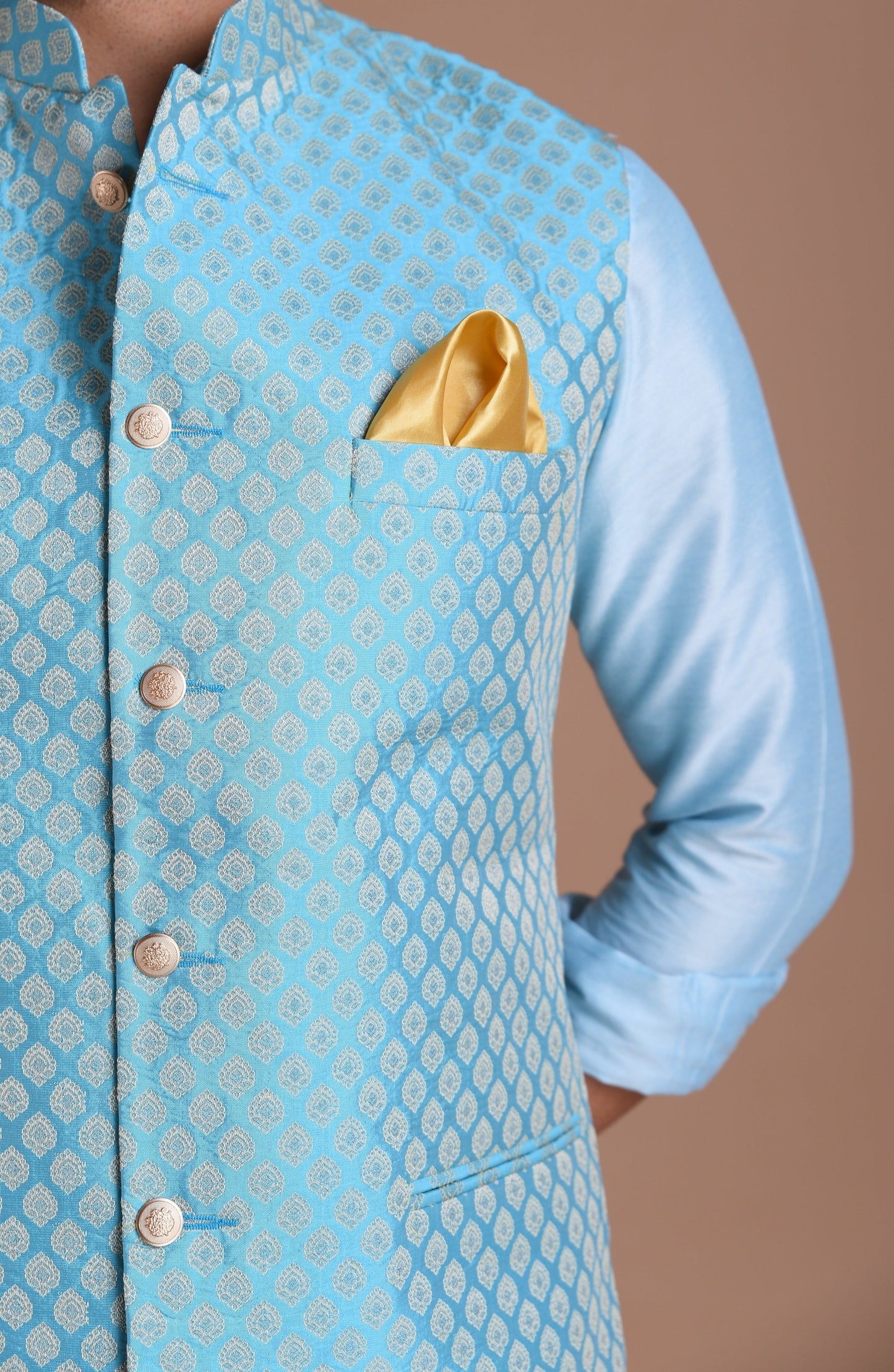 Booti Pattern Cyan Color Designer Half Nehru Jacket With Kurta Pajama