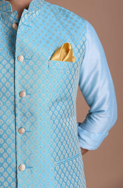 Booti Pattern Cyan Color Designer Half Nehru Jacket With Kurta Pajama