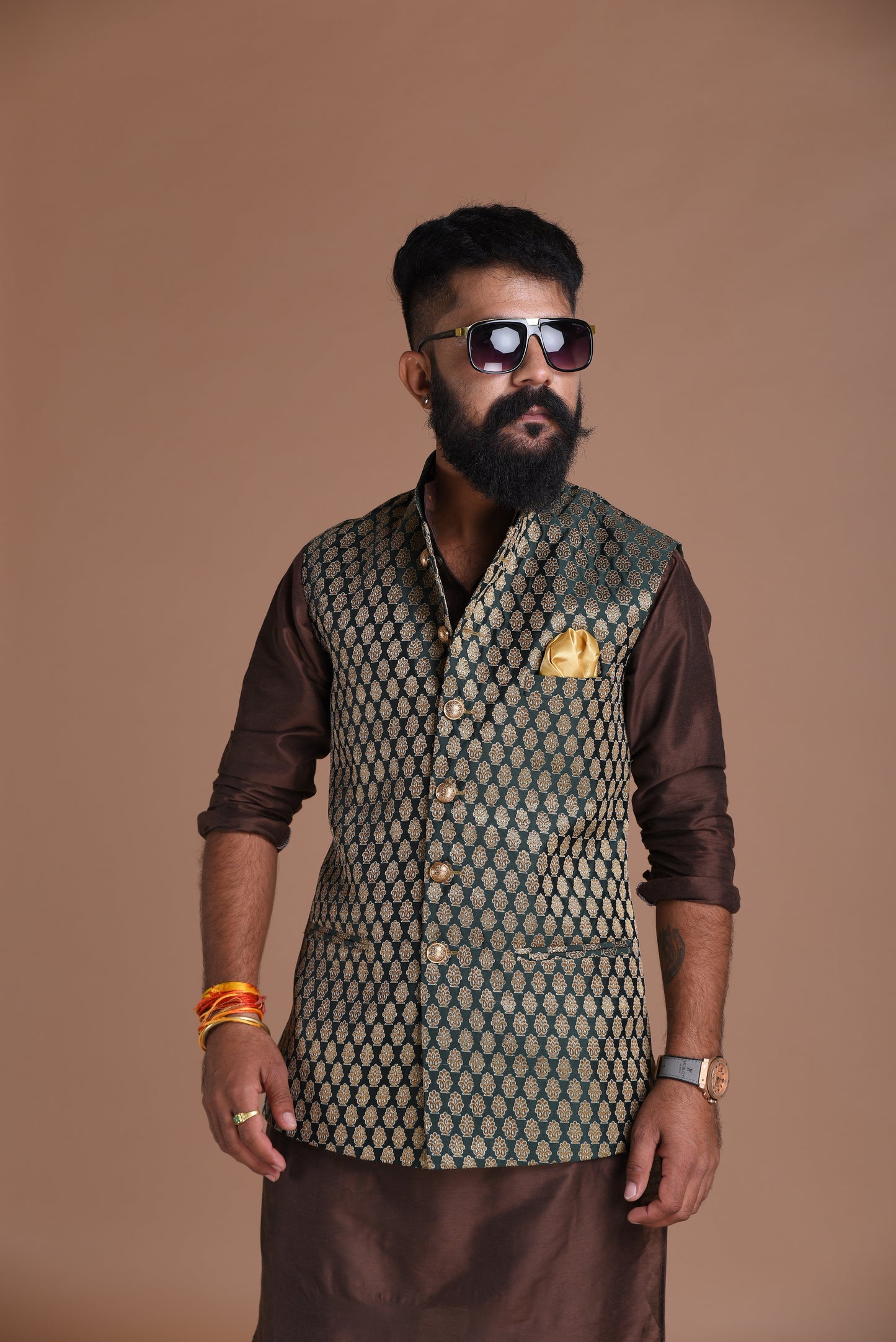 Jaipuri Booti Pattern Dark Green Brocade Silk Jacket with Kurta Pajama Set