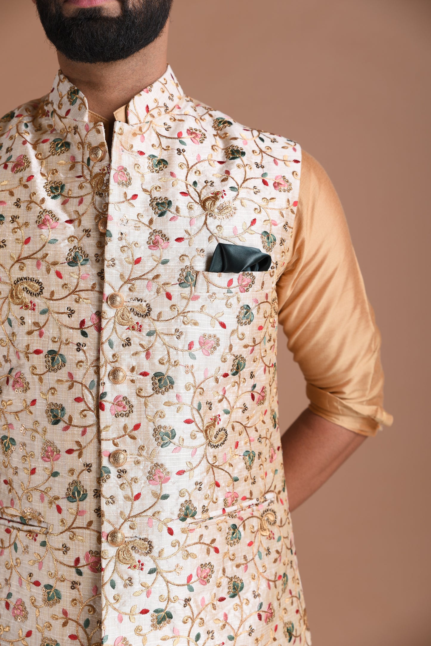 Embroidered Silk Maharaja Style Cream Color Nehru Jacket With Kurta Pajama