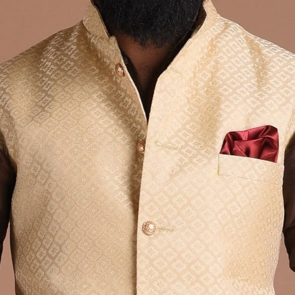 Self Design Brocade Silk Half Jodhpuri Jacket With Kurta Pajama Set