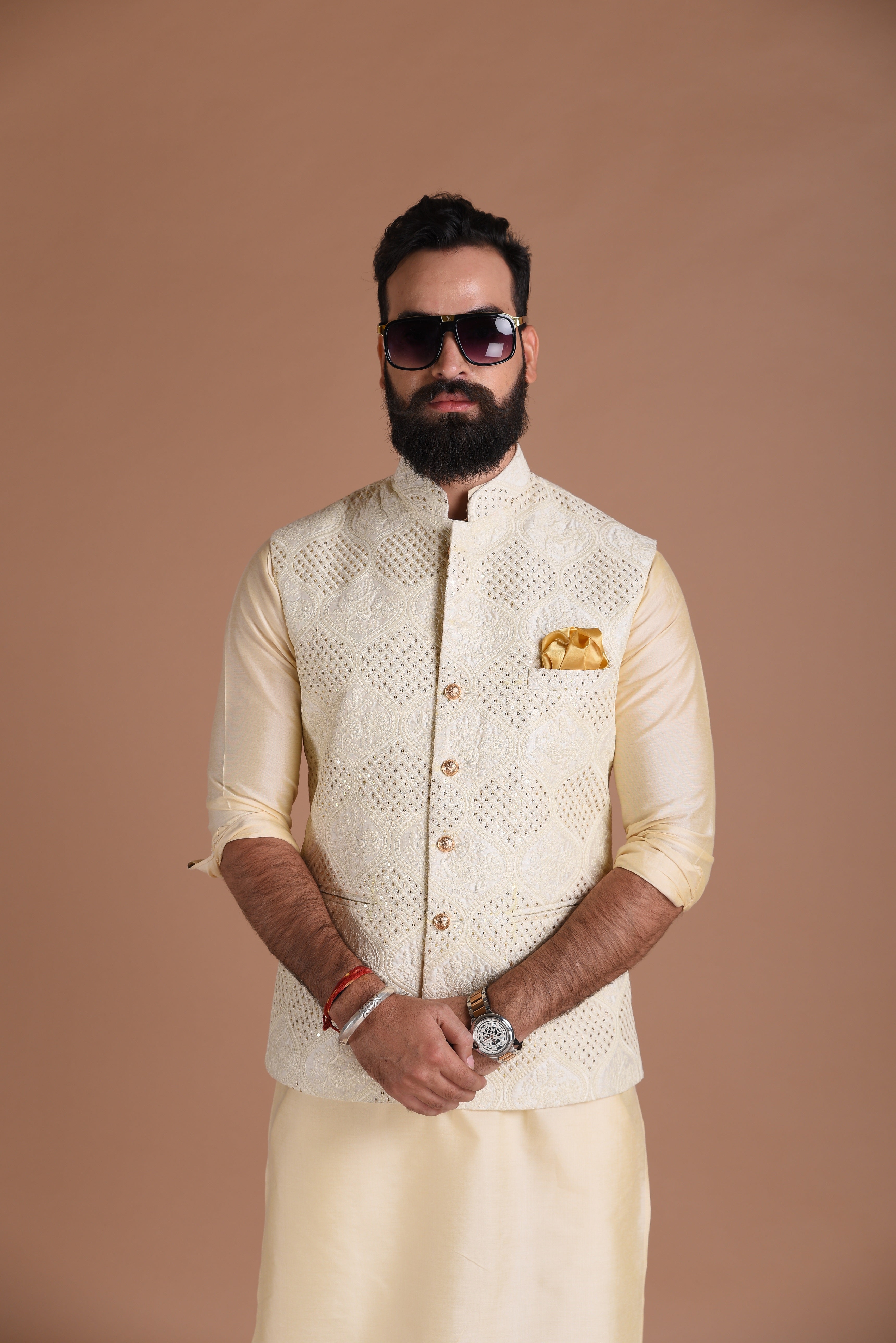 Bright White Plain-Solid Premium Terry-Rayon Wedding Nehru Jackets For Men.