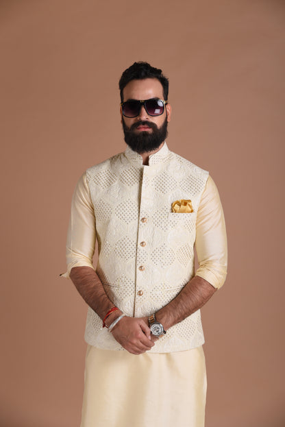 Lucknowi Heavy Chikankaari Off-White Nehru Jacket With Kurta Pajama Set