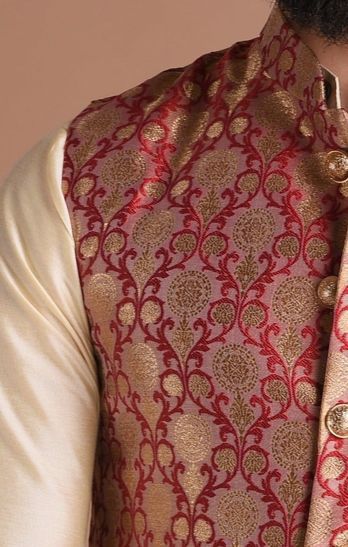 Floral Pattern Red Golden Half Jodhpuri Jacket with Kurta Pajama Set