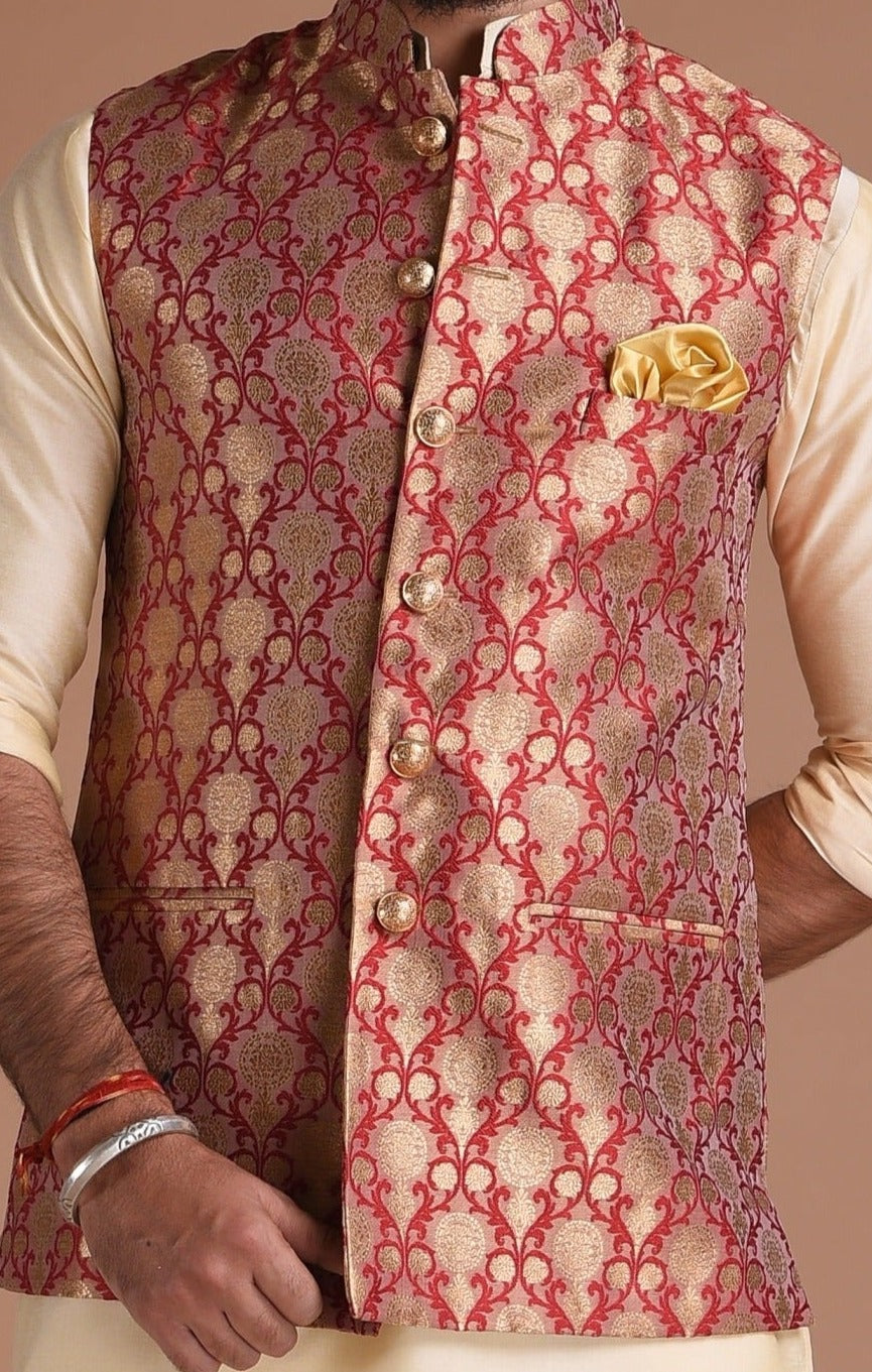 Floral Pattern Red Golden Half Jodhpuri Jacket with Kurta Pajama Set