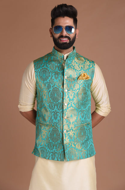 Sea Green Kim-Khab Half Jodhpuri Jacket With Kurta Pajama Set