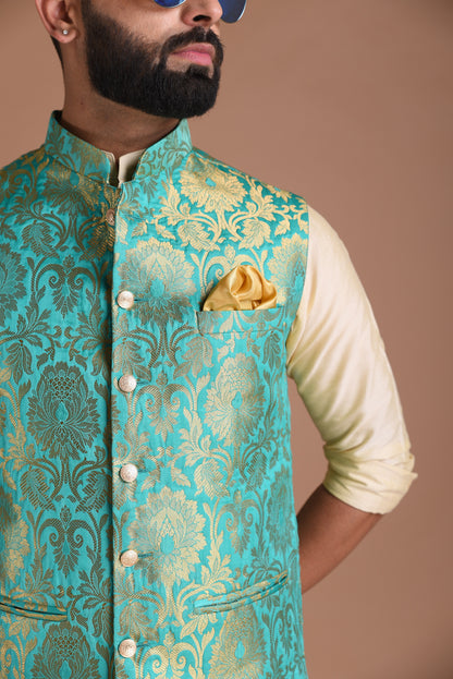 Sea Green Kim-Khab Half Jodhpuri Jacket With Kurta Pajama Set