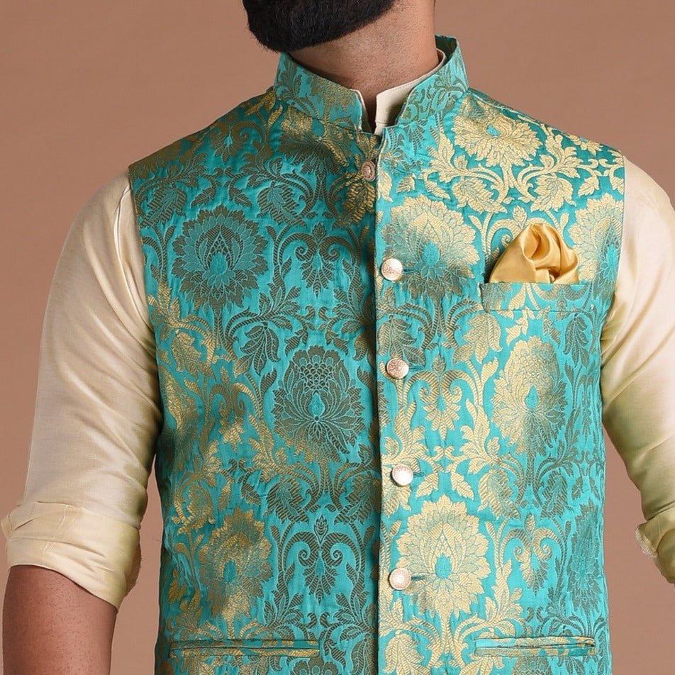 Sea Green Kim-Khab Half Jodhpuri Jacket With Kurta Pajama Set