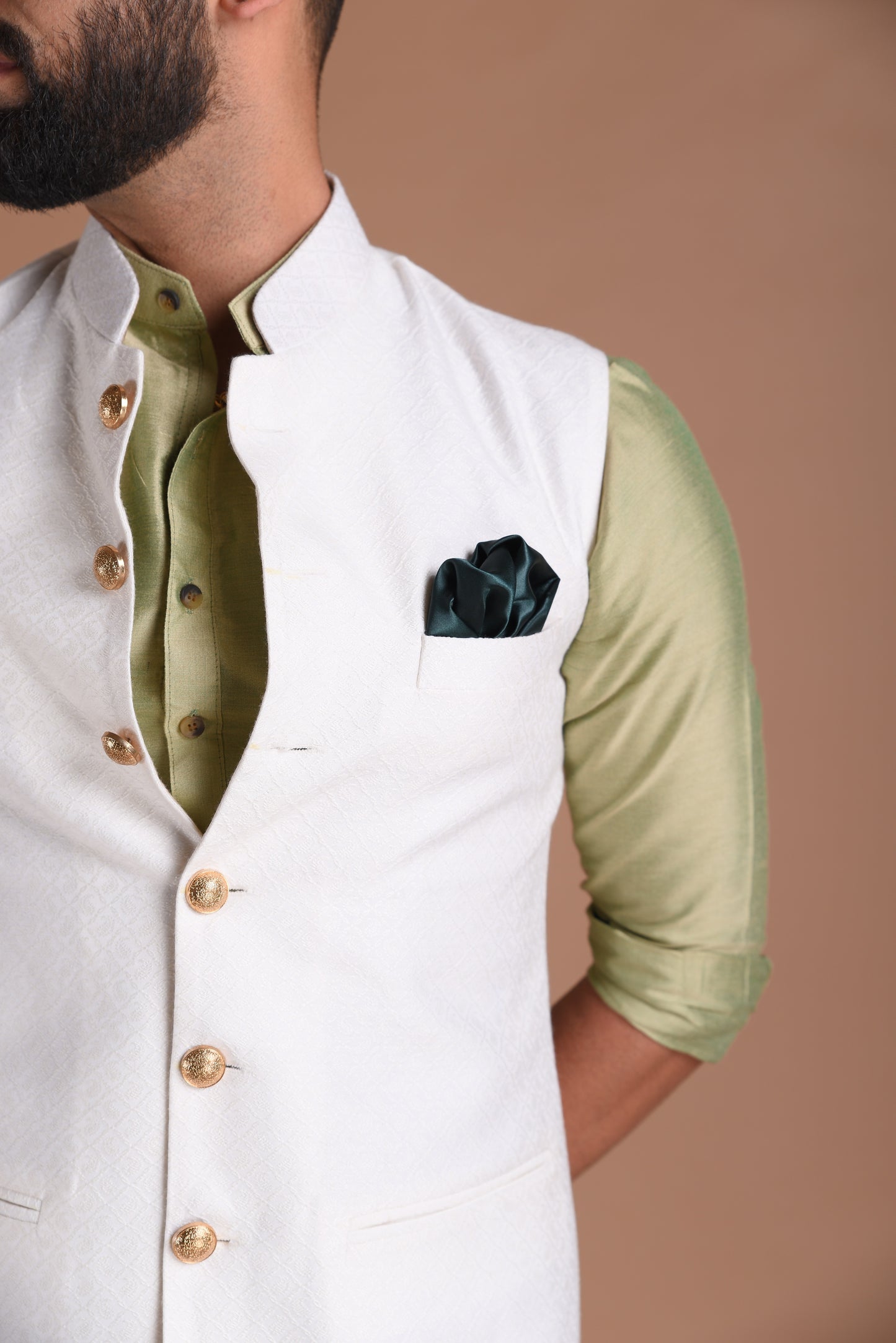 Cotton Jacquard white Nehru Jacket With Silk Kurta Pajama