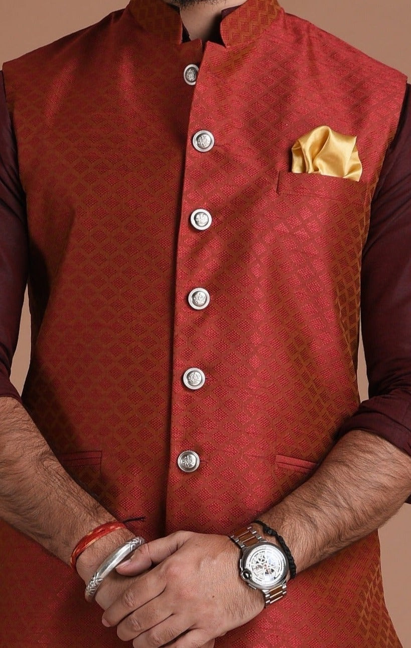 Embroidered Pattern Dark Red Half Jodhpuri Designer Jacket With Kurta Pajama