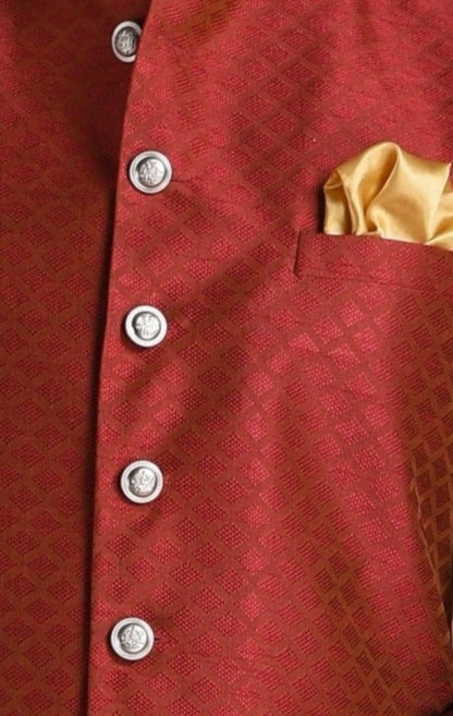 Embroidered Pattern Dark Red Half Jodhpuri Designer Jacket With Kurta Pajama
