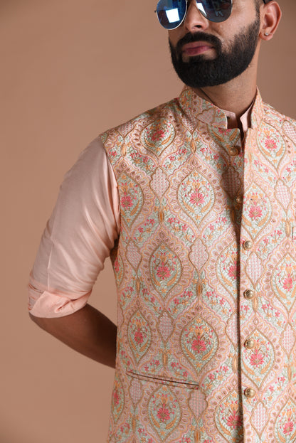 Elegant Banarasi Light Pink Color Half Jodhpuri Jacket With Silk Kurta Pajama Set