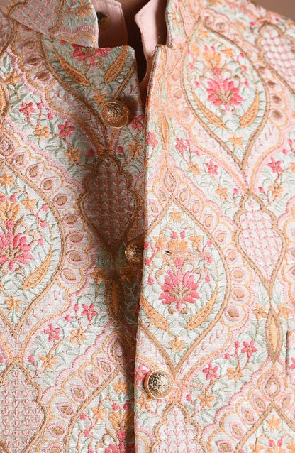 Elegant Banarasi Light Pink Color Half Jodhpuri Jacket With Silk Kurta Pajama Set