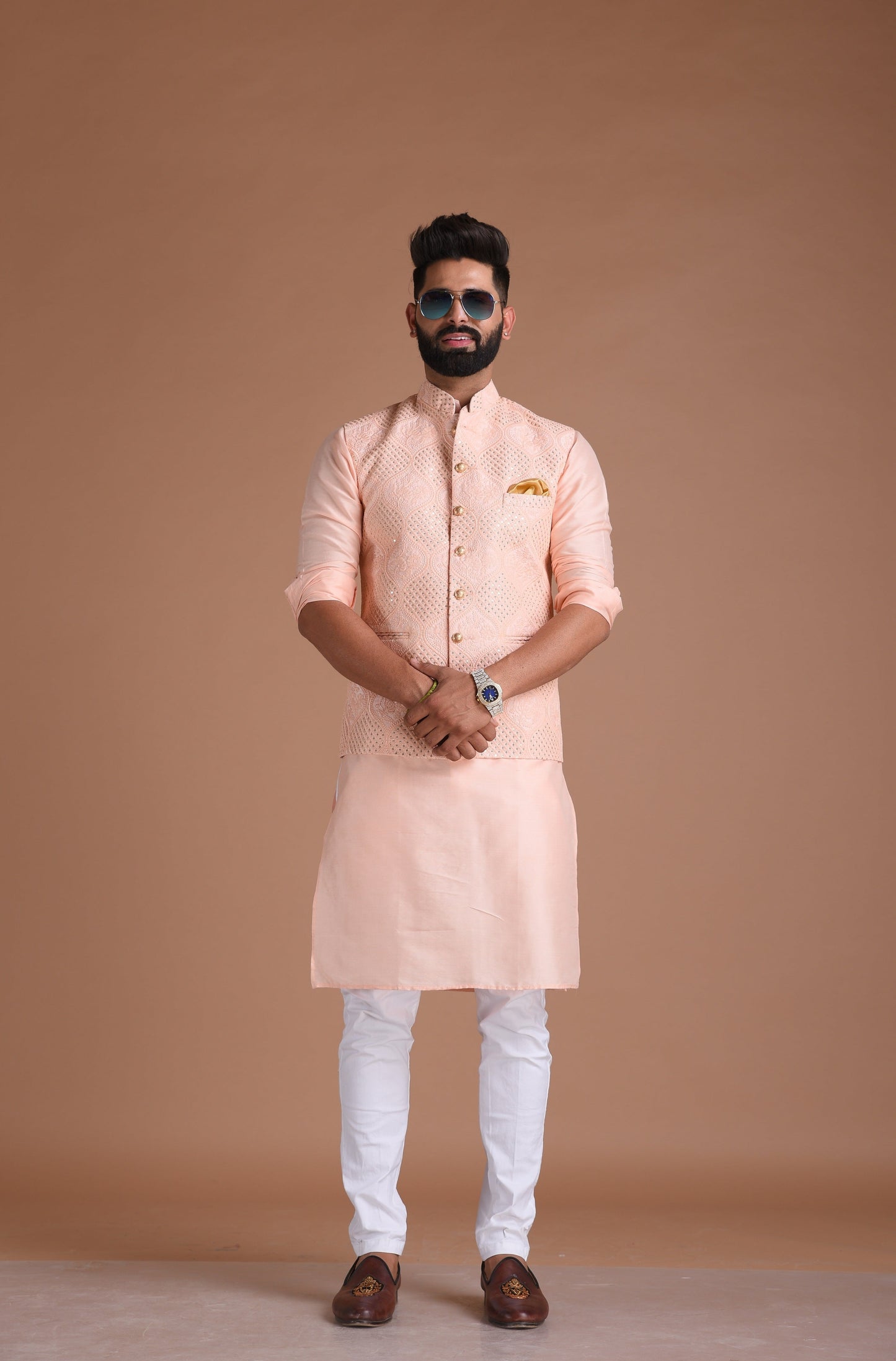 Heavy Lucknowi Chikankaari Pink Nehru Jacket With Kurta Pajama Set