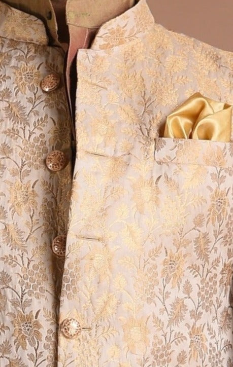 Banarasi Brocade Silk Beige Golden Half Jodhpuri Jacket With Kurta Pajama